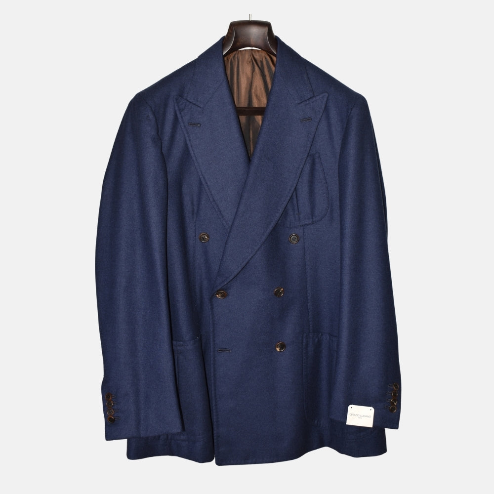 Blauer zweireihiger Flanell-Wollblazer (EU 54)