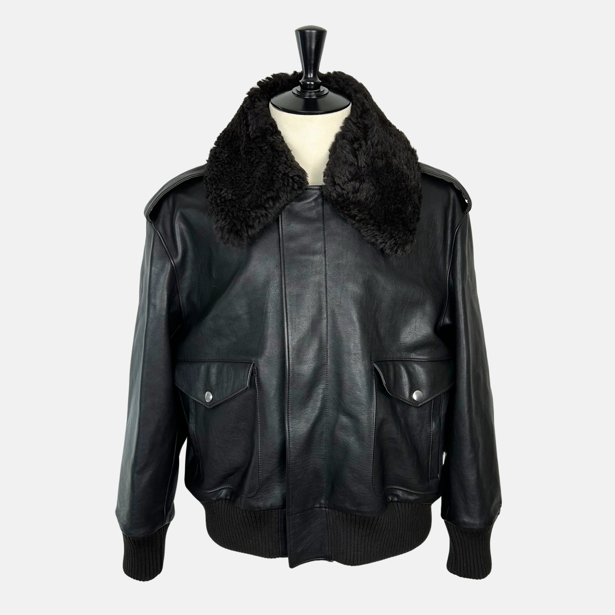 Black-Brown Leather Flight Jacket with Removable Shearling Collar (M, L)