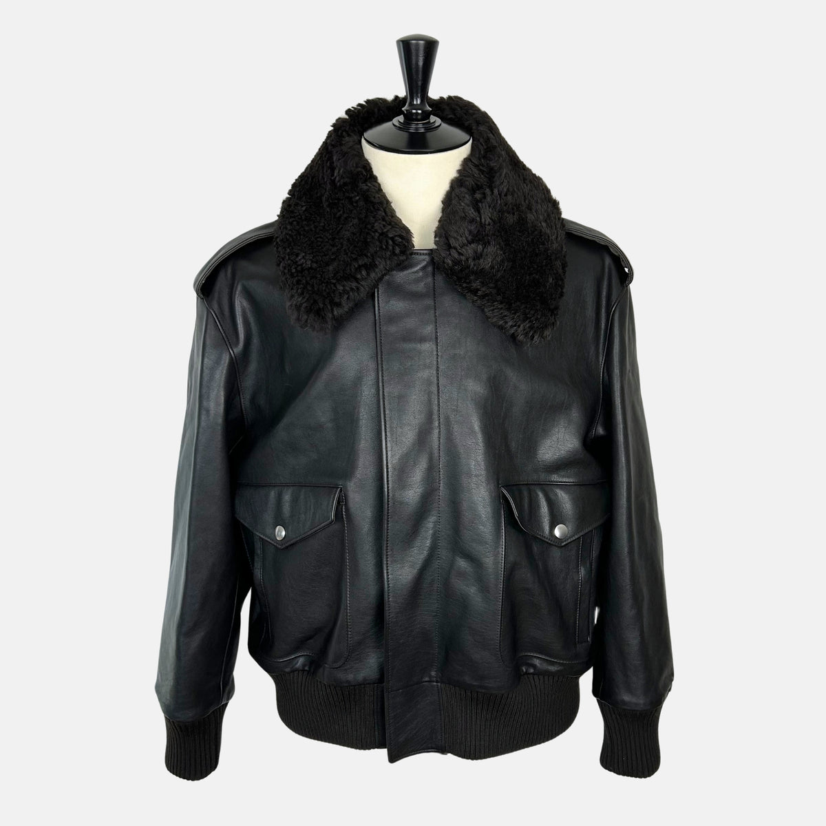 Black-Brown Leather Flight Jacket with Removable Shearling Collar (L)