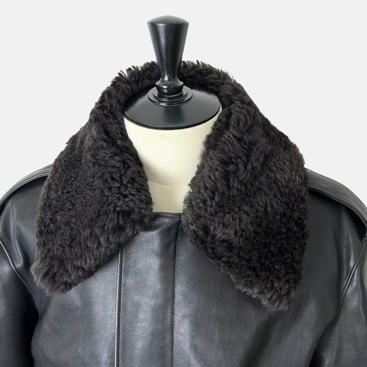 Black-Brown Leather Flight Jacket with Removable Shearling Collar (L)