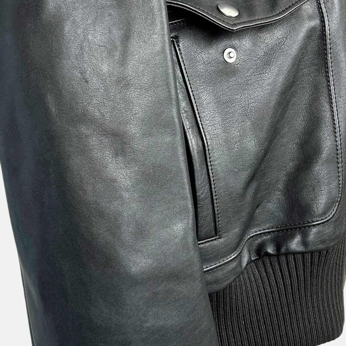 Black-Brown Leather Flight Jacket with Removable Shearling Collar (L)
