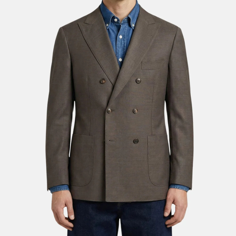Pre-owned Brunello Cucinelli olive brown double-breasted blazer worn over denim shirt, front view