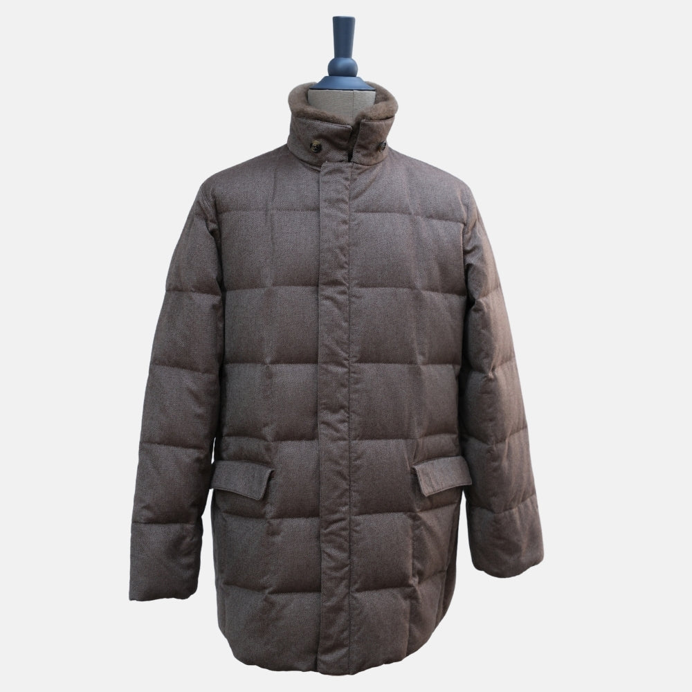 Brown Down Jacket made of Baby Cashmere with Beaver Collar (L)