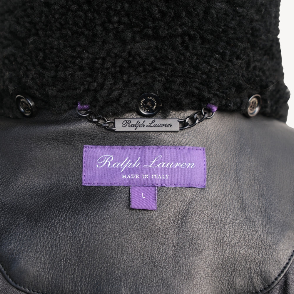 Black Leather Coat with Shearling Collar (S)