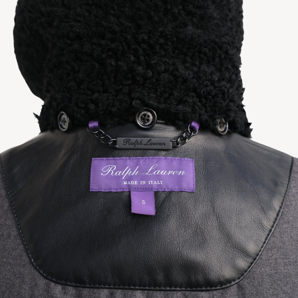 Black Leather Coat with Shearling Collar (S)