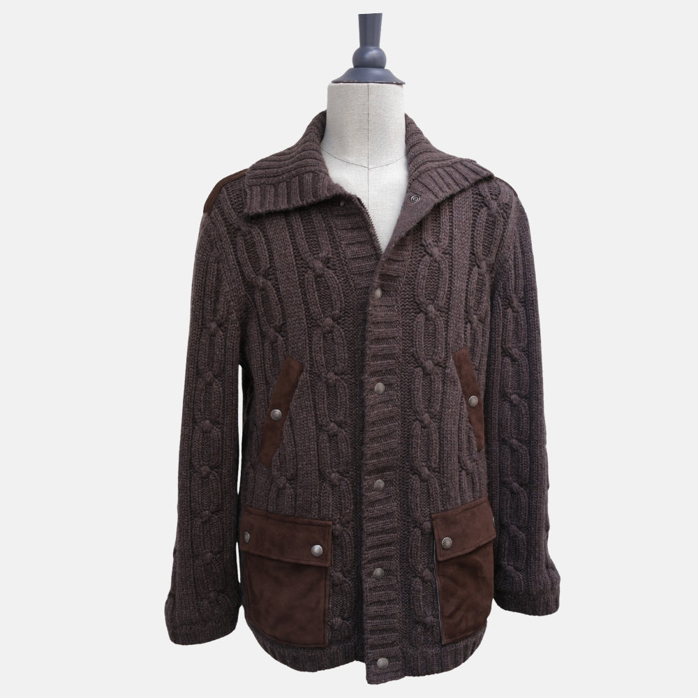 Brown Suede Cable Knit Cardigan