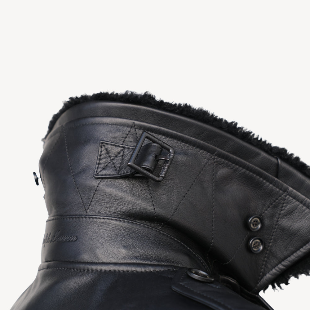 Black Leather Coat with Shearling Collar (S)