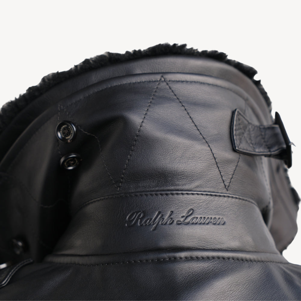 Black Leather Coat with Shearling Collar (S)