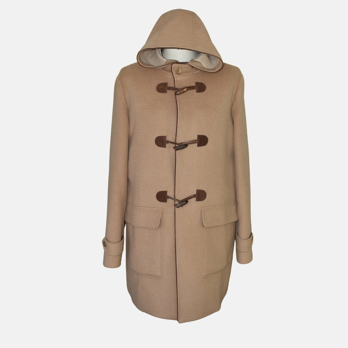 Beige Baby Camel Montgomery Coat/Leather Details with Detachable Hood (XL)