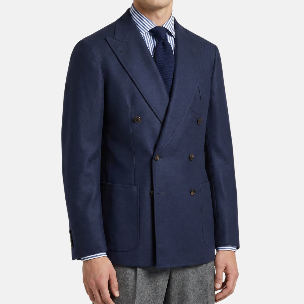 Blauer zweireihiger Flanell-Wollblazer (EU 54)