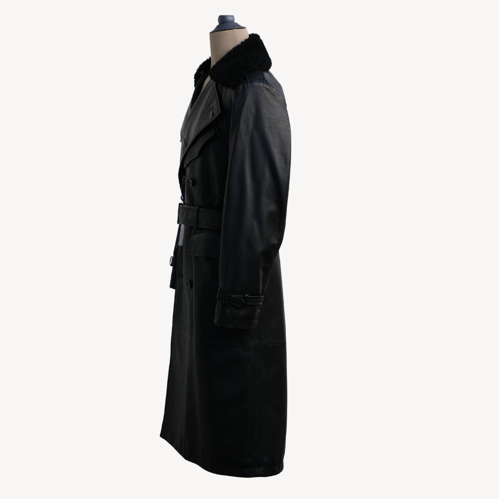 Black Leather Coat with Shearling Collar (S)