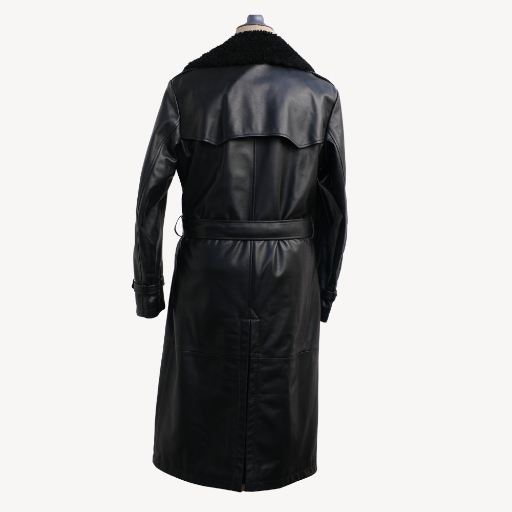 Black Leather Coat with Shearling Collar (S)