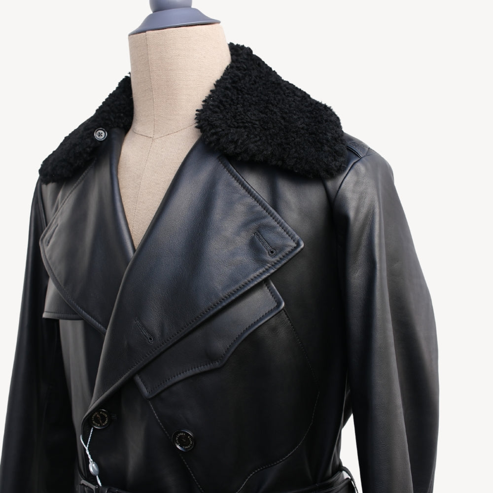Black Leather Coat with Shearling Collar (S)