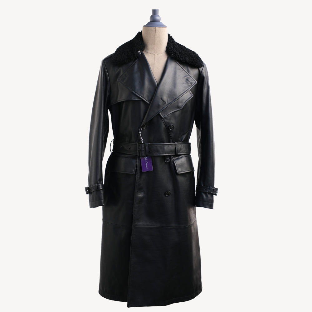 Black Leather Coat with Shearling Collar (S)