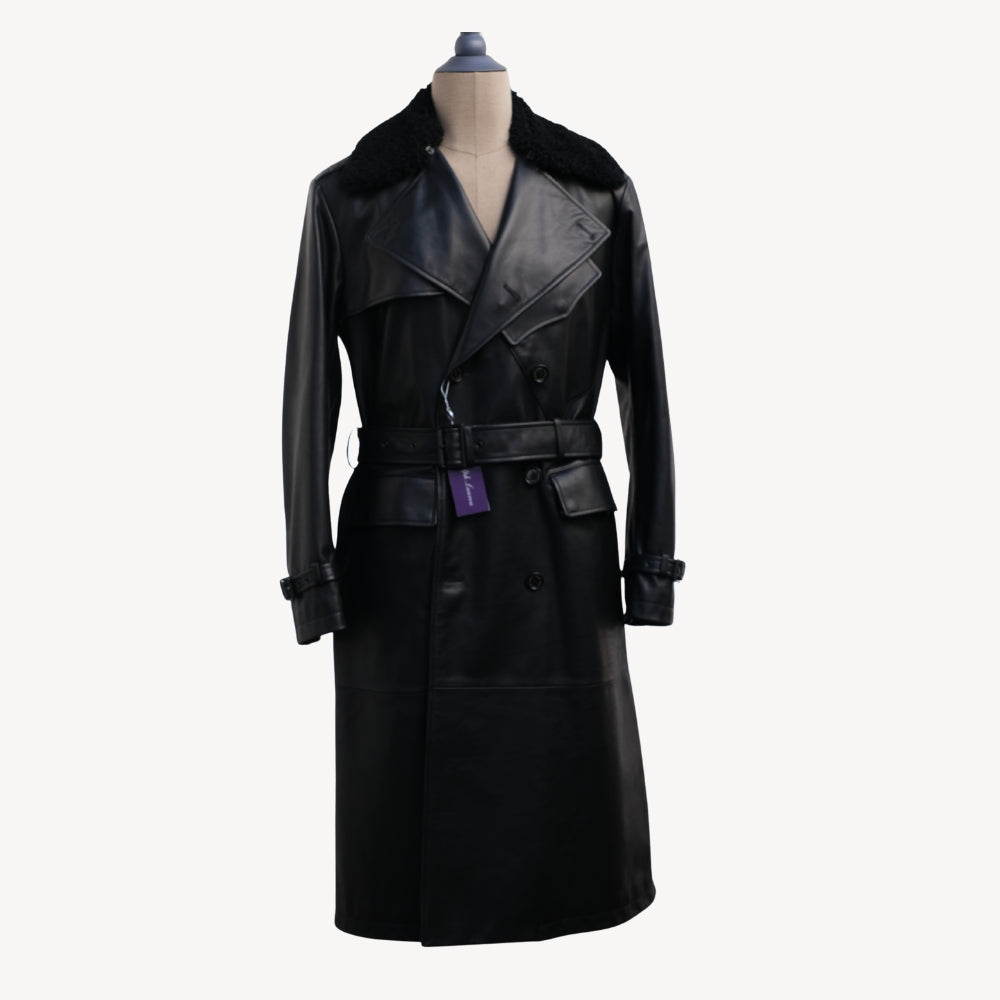 Black Leather Coat with Shearling Collar (S)