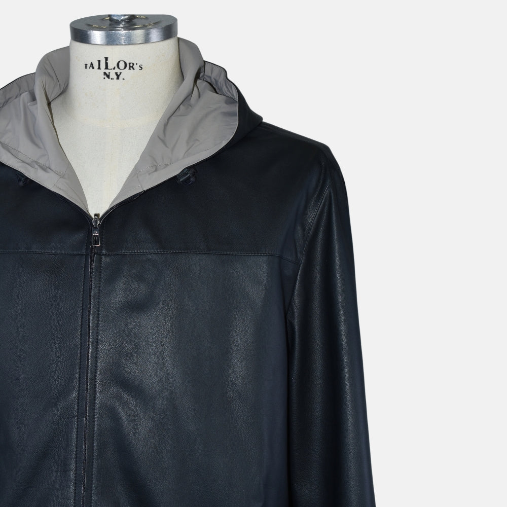 Hooded Leather Jacket Reversible