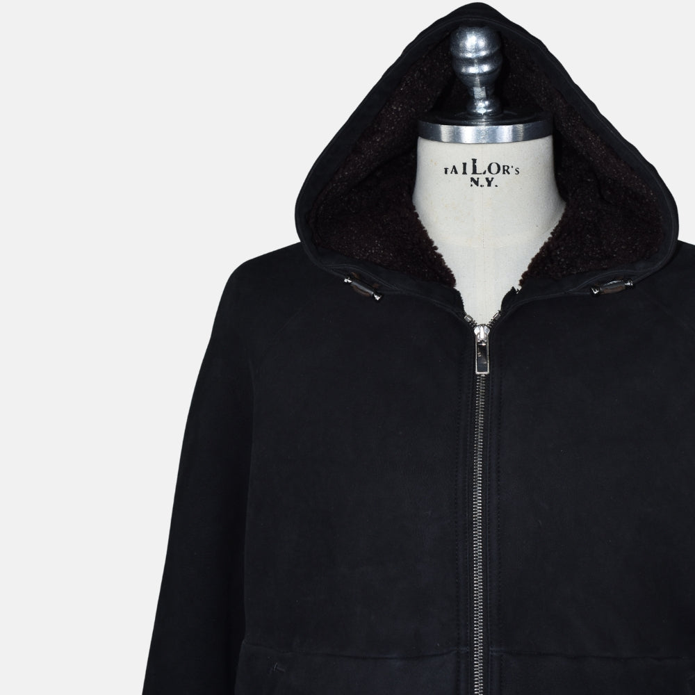 Black Hooded Shearling Jacket