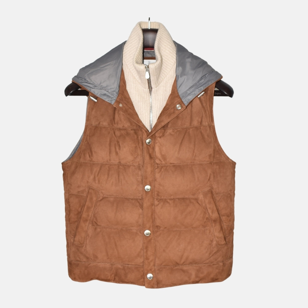 Brown Down Suede Vest with Cashmere Details (XXS)