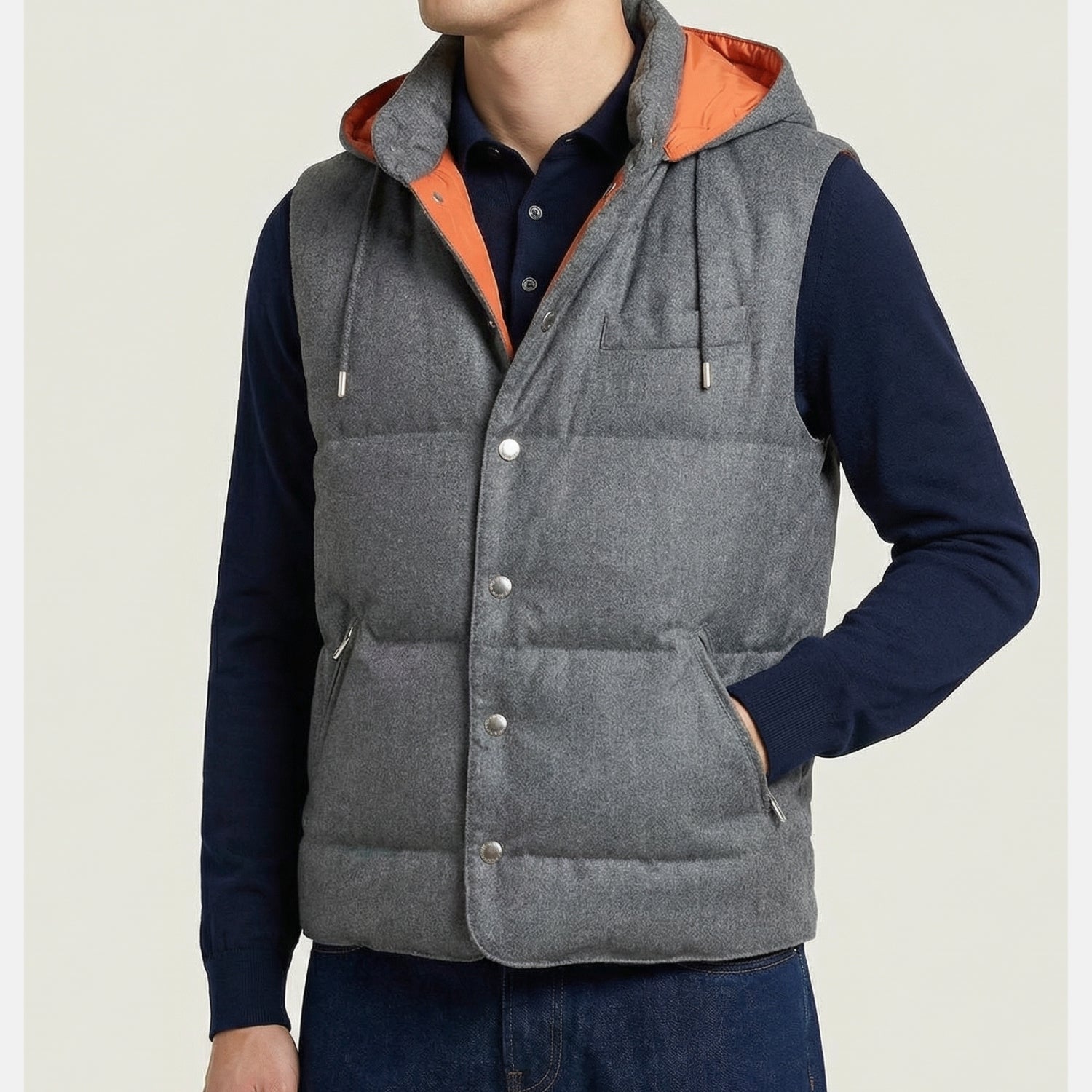 Brunello Cucinelli Grey/Orange Down Vest — Cashmere (M) | Sanpetuna
