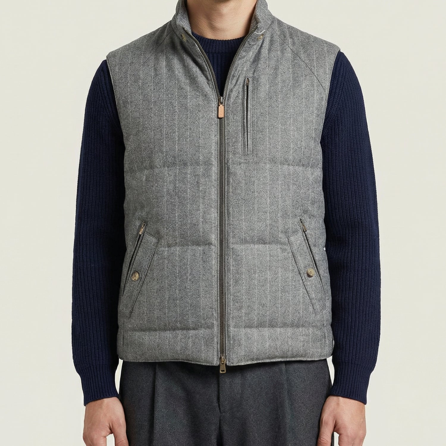 Brunello Cucinelli Grey Striped Flannel Vest (S) | Sanpetuna