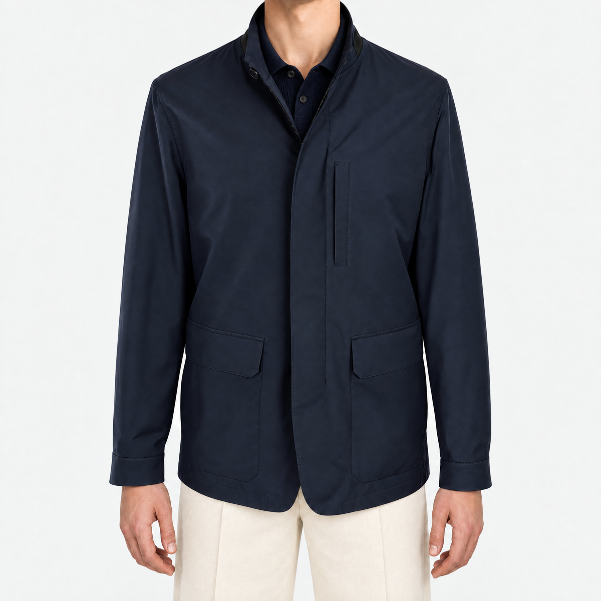 Technical Field Jacket with Leather Details Navy