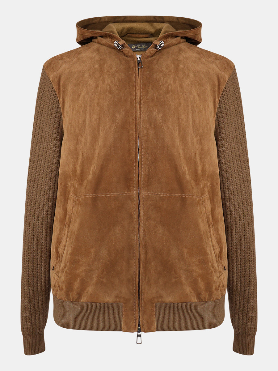 Brown Suede Cashmere Hooded Bomber Jacket