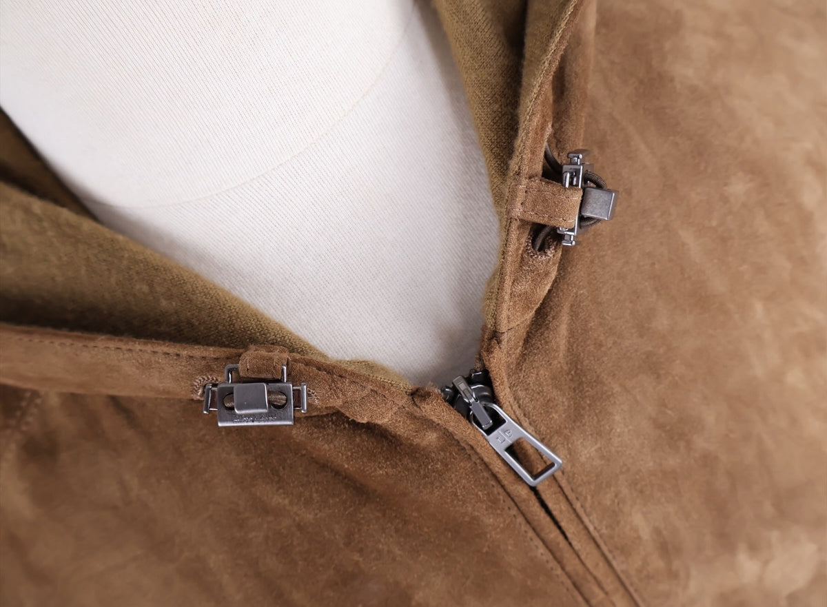 Brown Suede Cashmere Hooded Bomber Jacket