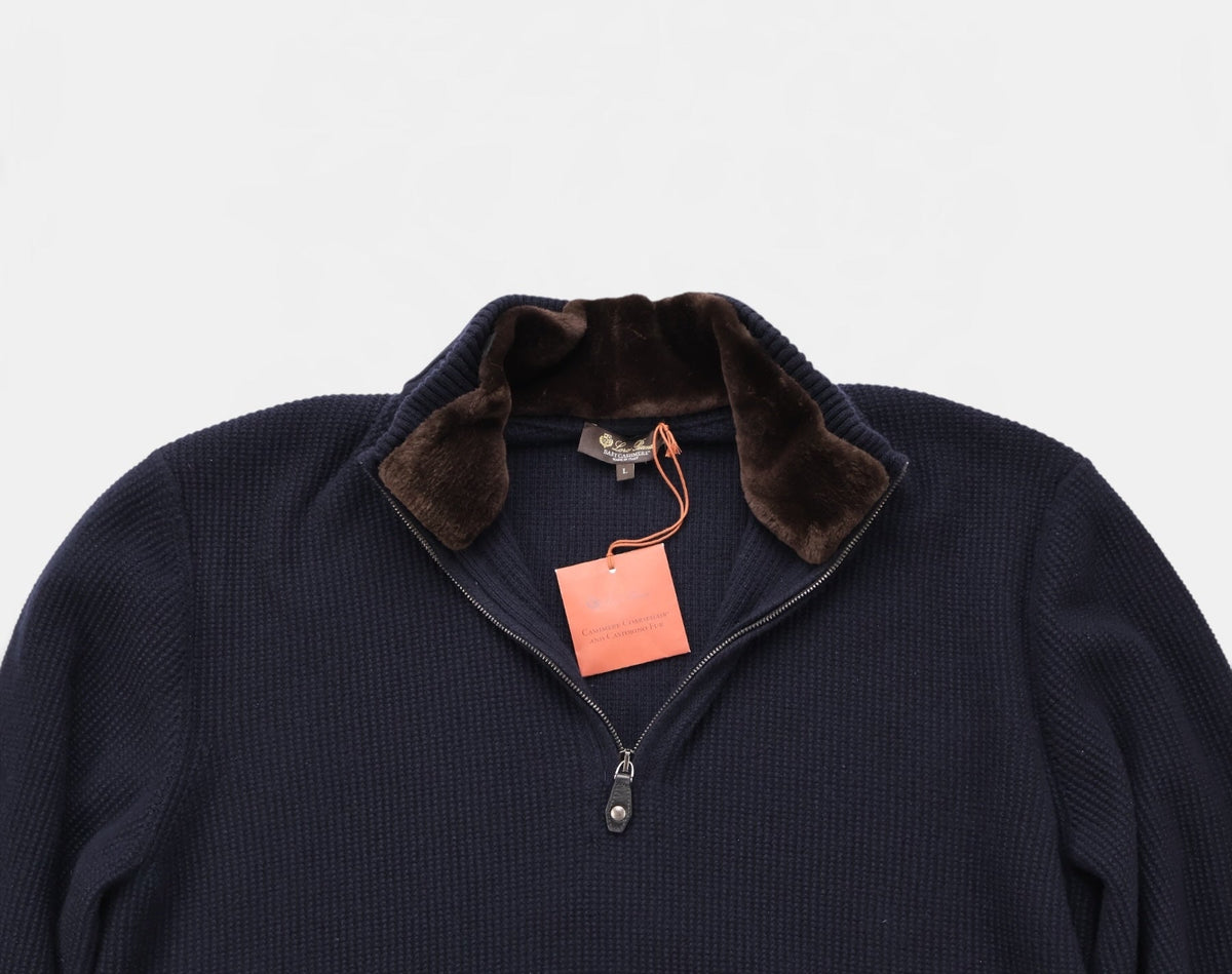 Navy Castorino Baby Cashmere Half-Zip Bomber