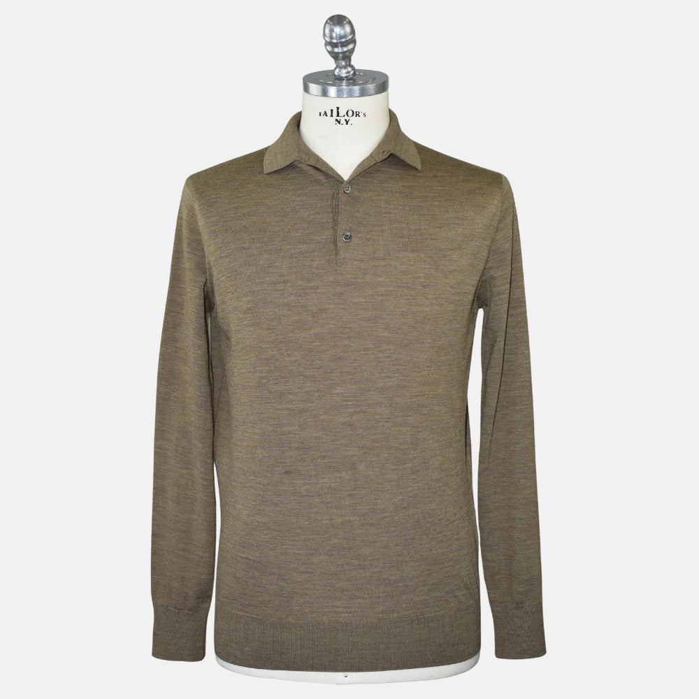 Taupe Melange Virgin Wool Longsleeve Polo (EU 48)