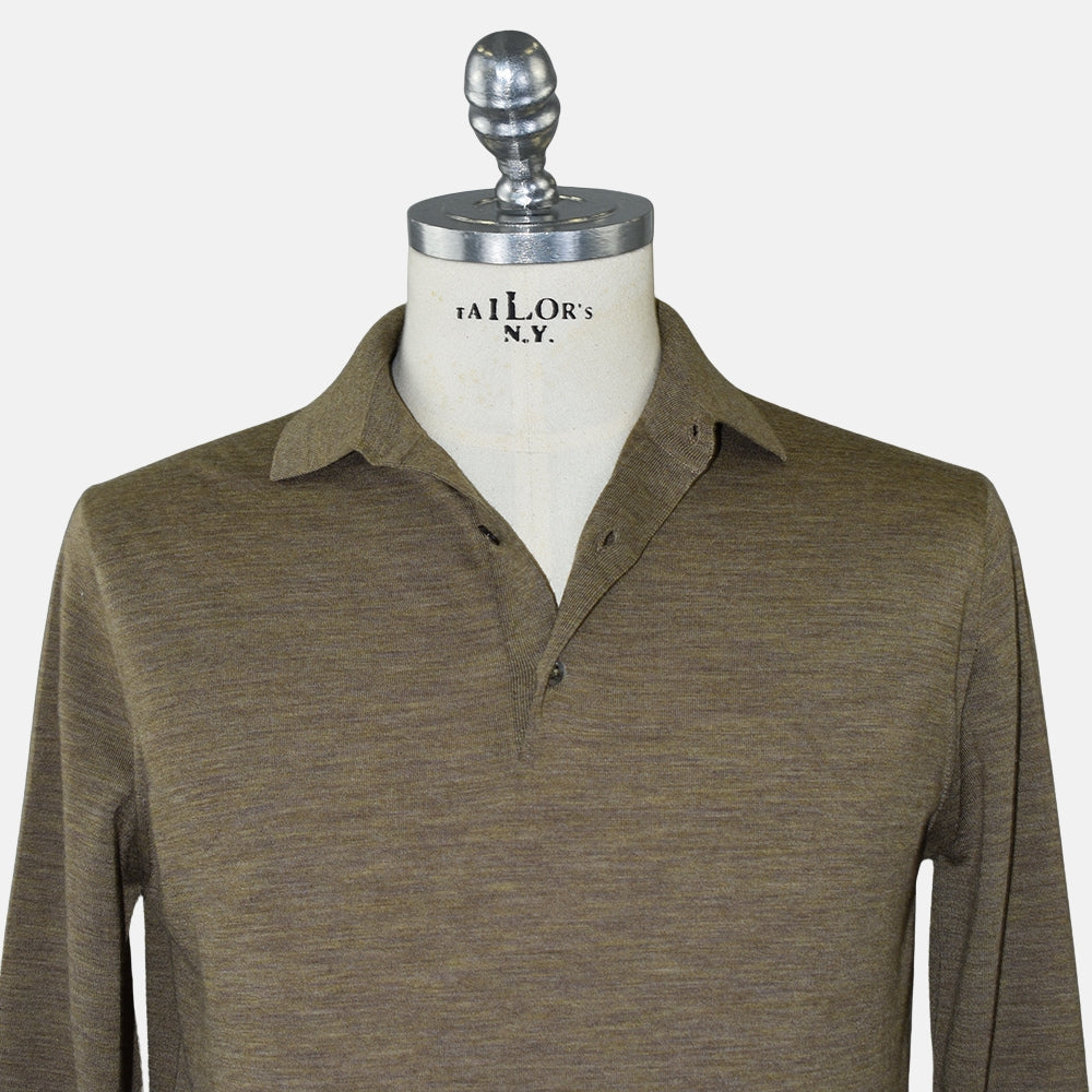 Taupe Melange Virgin Wool Longsleeve Polo (EU 48)