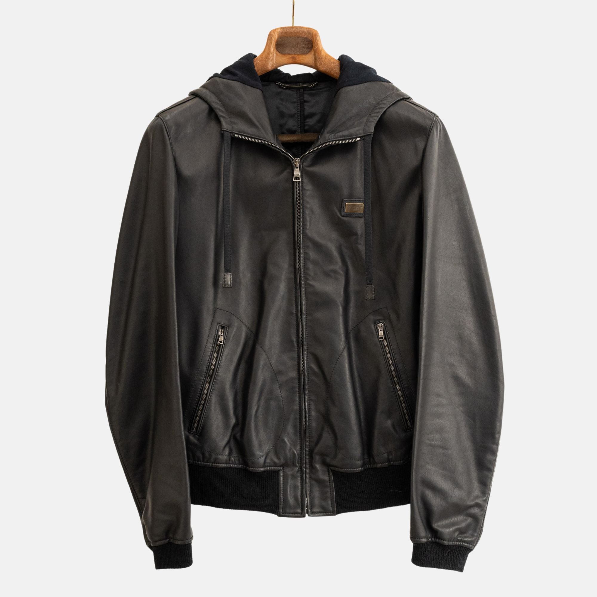 Black Hooded Jacket Made of Leather (EU 50)