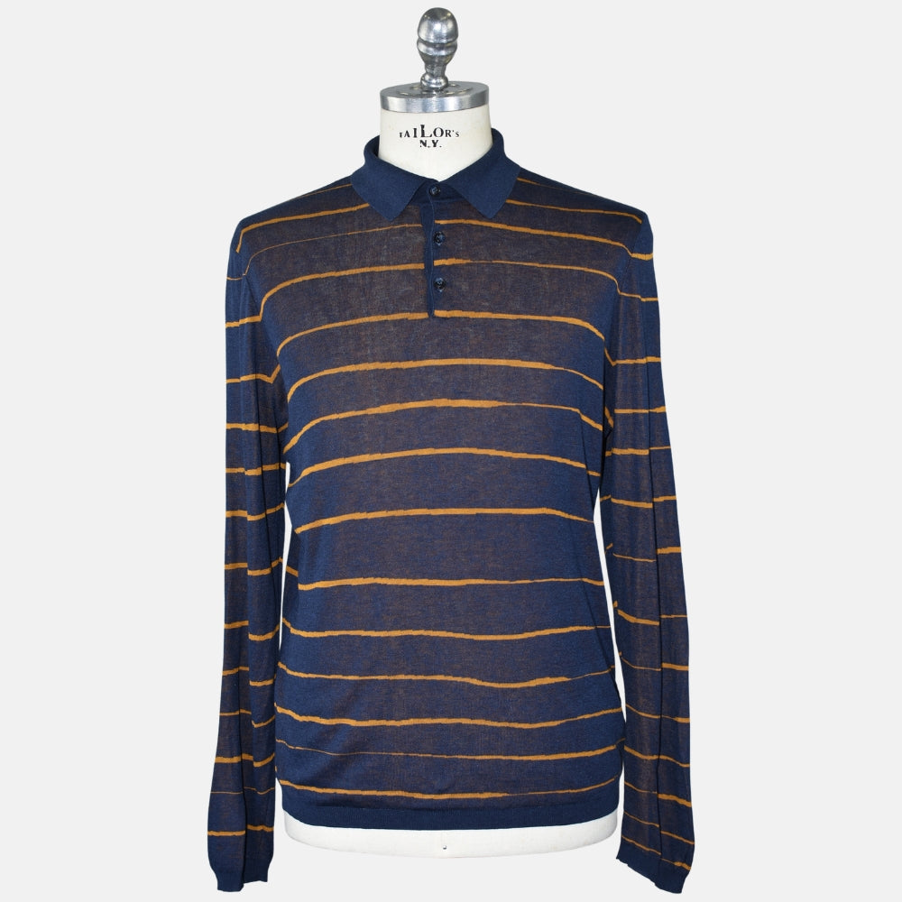 Blue-Ochre Silk Patterned Longsleeve Polo (EU 50)