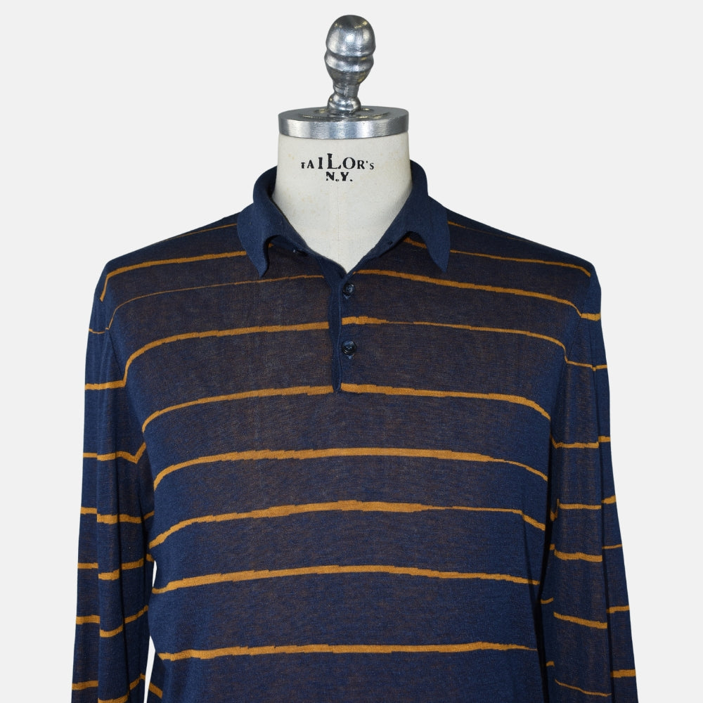 Blue-Ochre Silk Patterned Longsleeve Polo (EU 50)