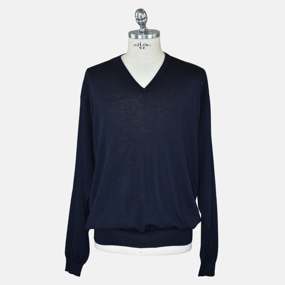 Navy Virgin Wool V-Neck Sweater (EU 54)