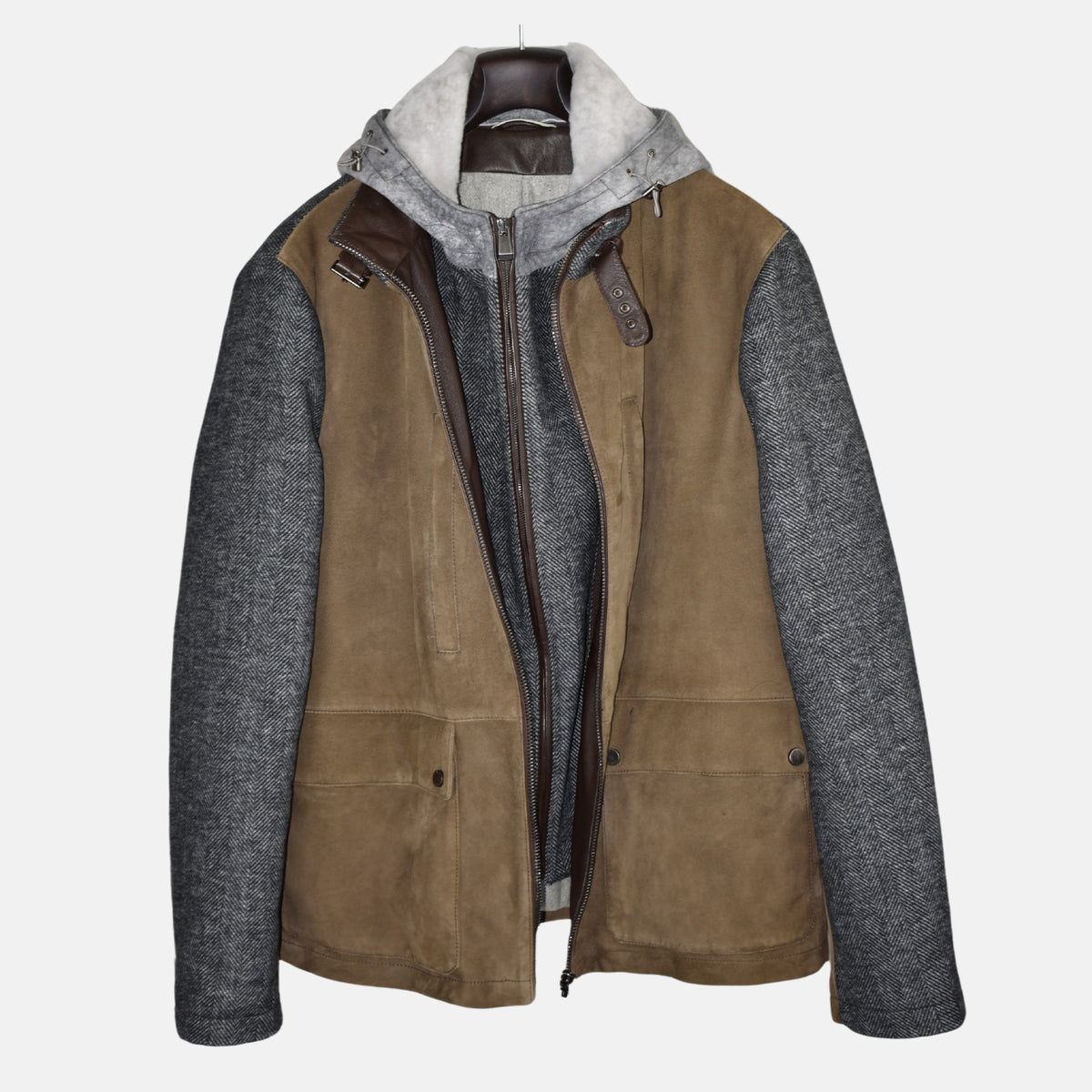 Multicoloured Hooded Jacket made of Leather/Wool/Shearling (EU 54)