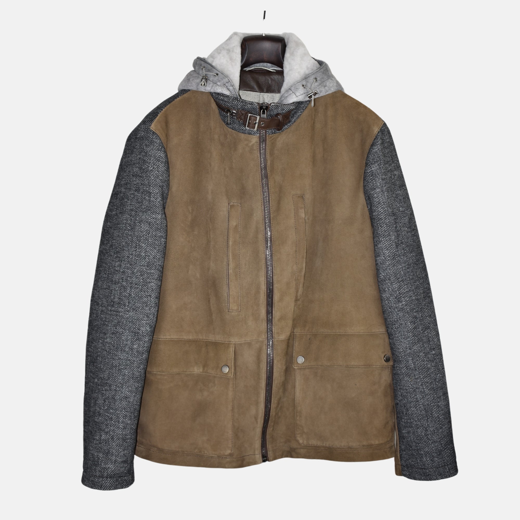 Multicoloured Hooded Jacket made of Leather/Wool/Shearling (EU 54)