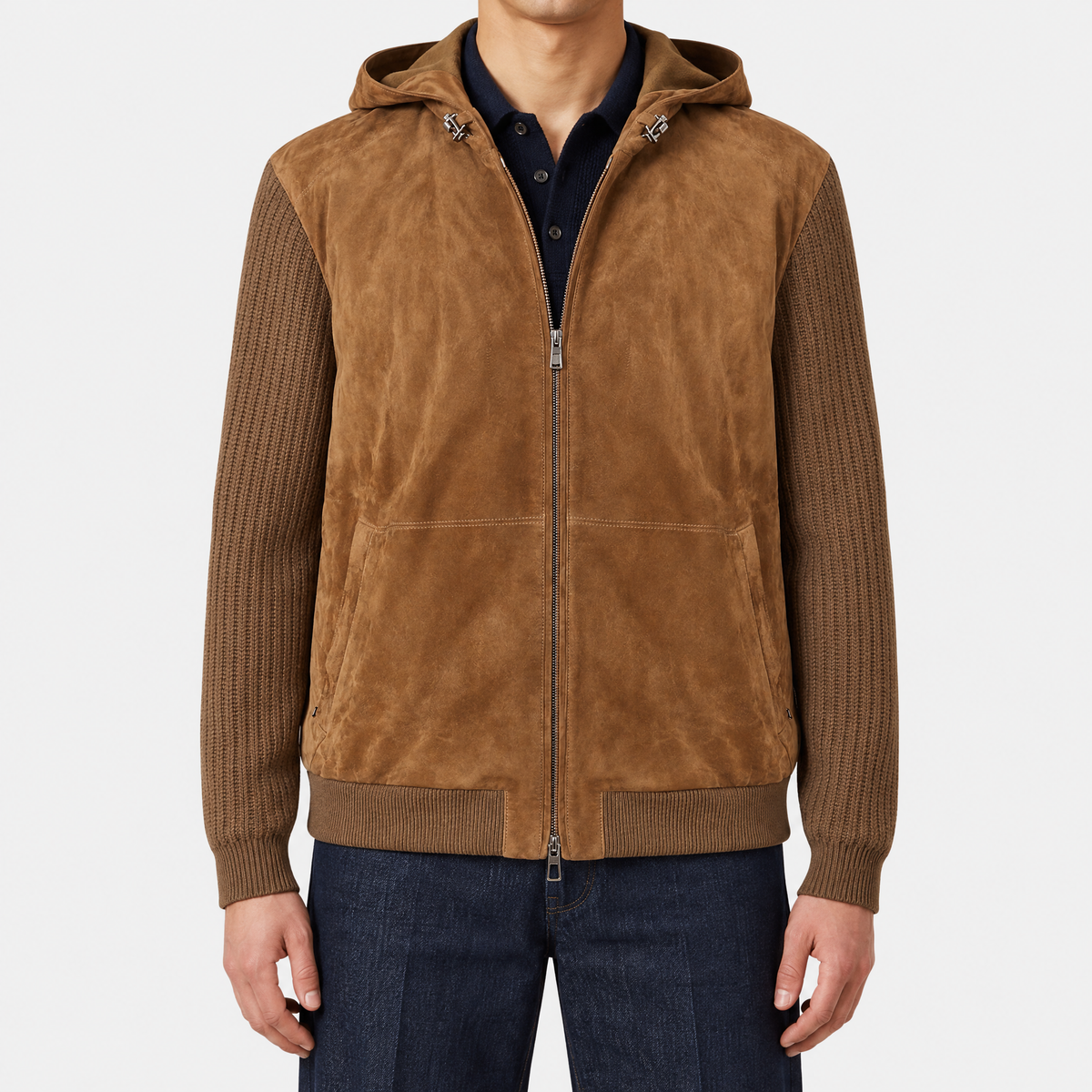 Brown Suede Cashmere Hooded Bomber Jacket