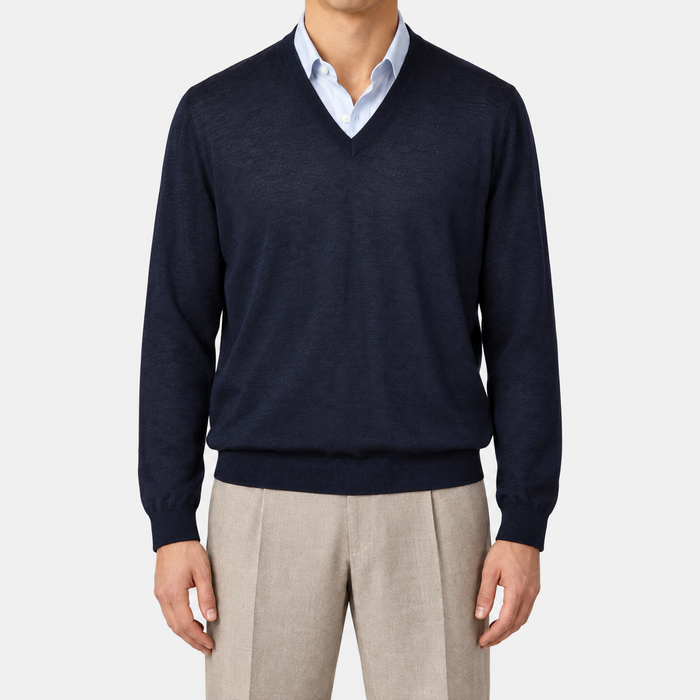 Navy Virgin Wool V-Neck Sweater (EU 54)