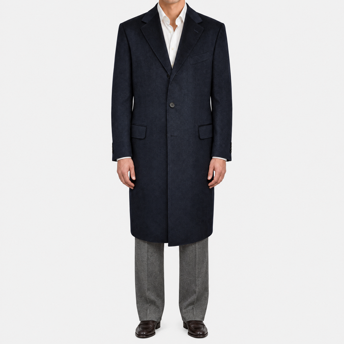 Dark Navy Herringbone Cashmere Coat