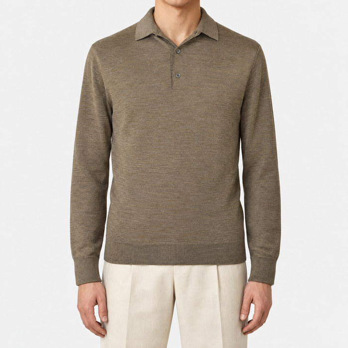 Taupe Melange Virgin Wool Longsleeve Polo (EU 48)