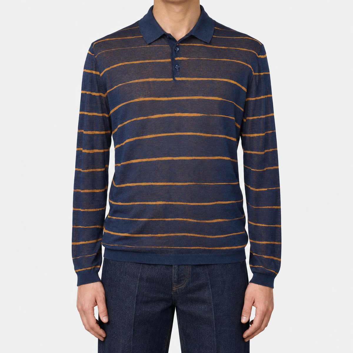 Blue-Ochre Silk Patterned Longsleeve Polo (EU 50)