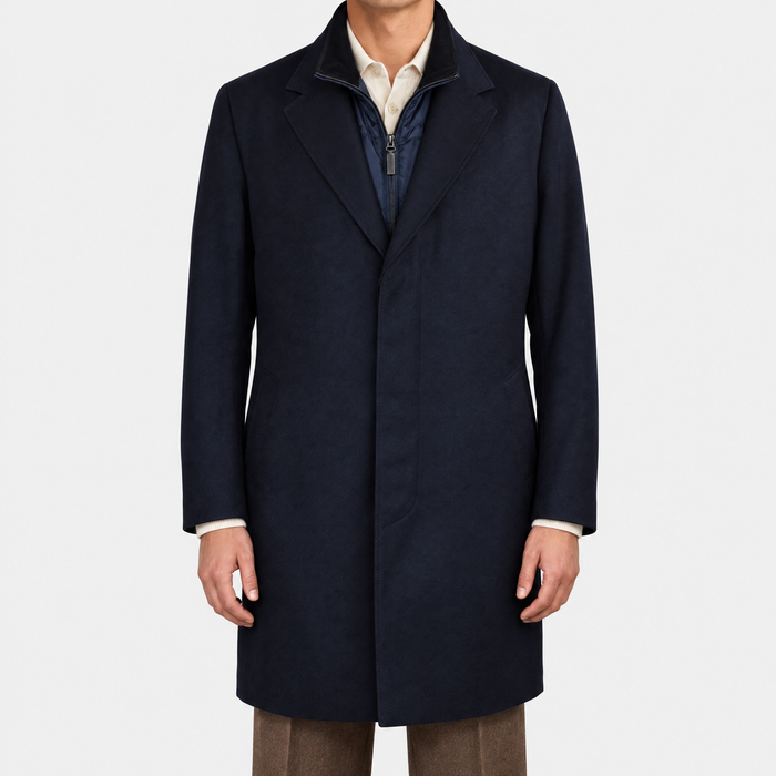 Navy Wool Overcoat with Detachable Quilted Gilet
