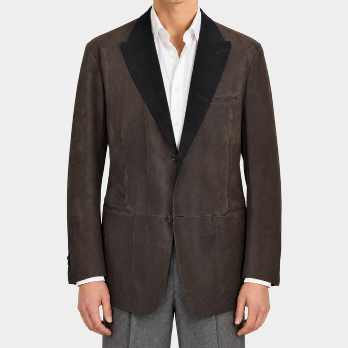 Brown Leather Peak Lapel Blazer