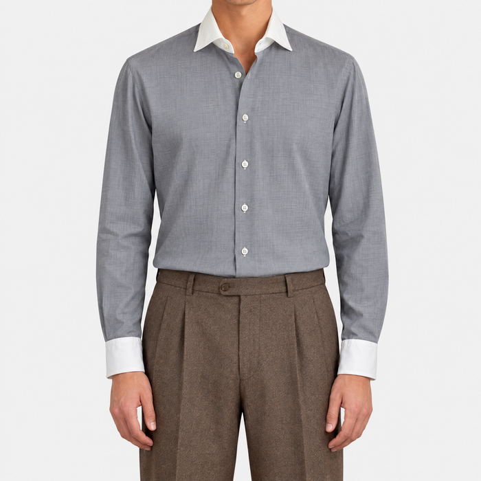 Grey Cotton Shirt with White Contrast Collar