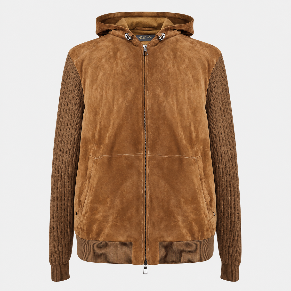 Brown Suede Cashmere Hooded Bomber Jacket