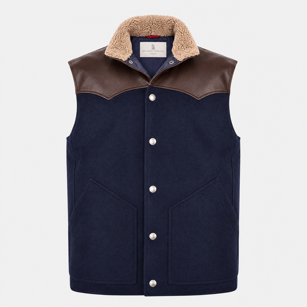 Navy Brown Wool Leather Down Gilet