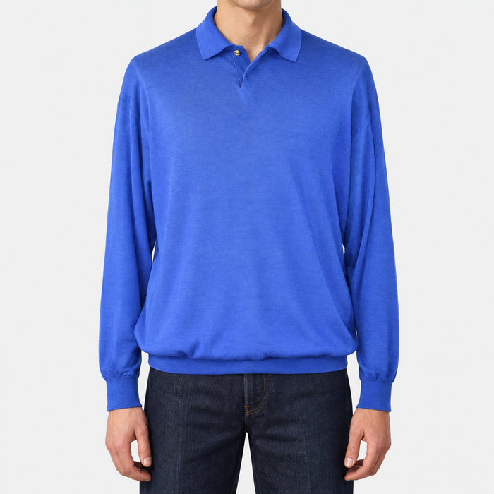 Blue Cashmere/Silk/Wool Longsleeve Polo (EU 54)
