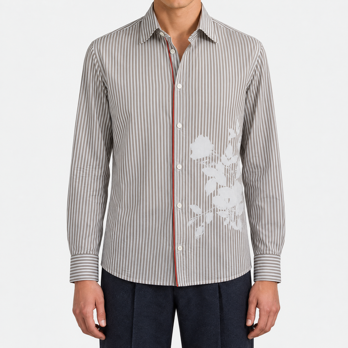 Taupe Stripe Cotton Shirt with Floral Print