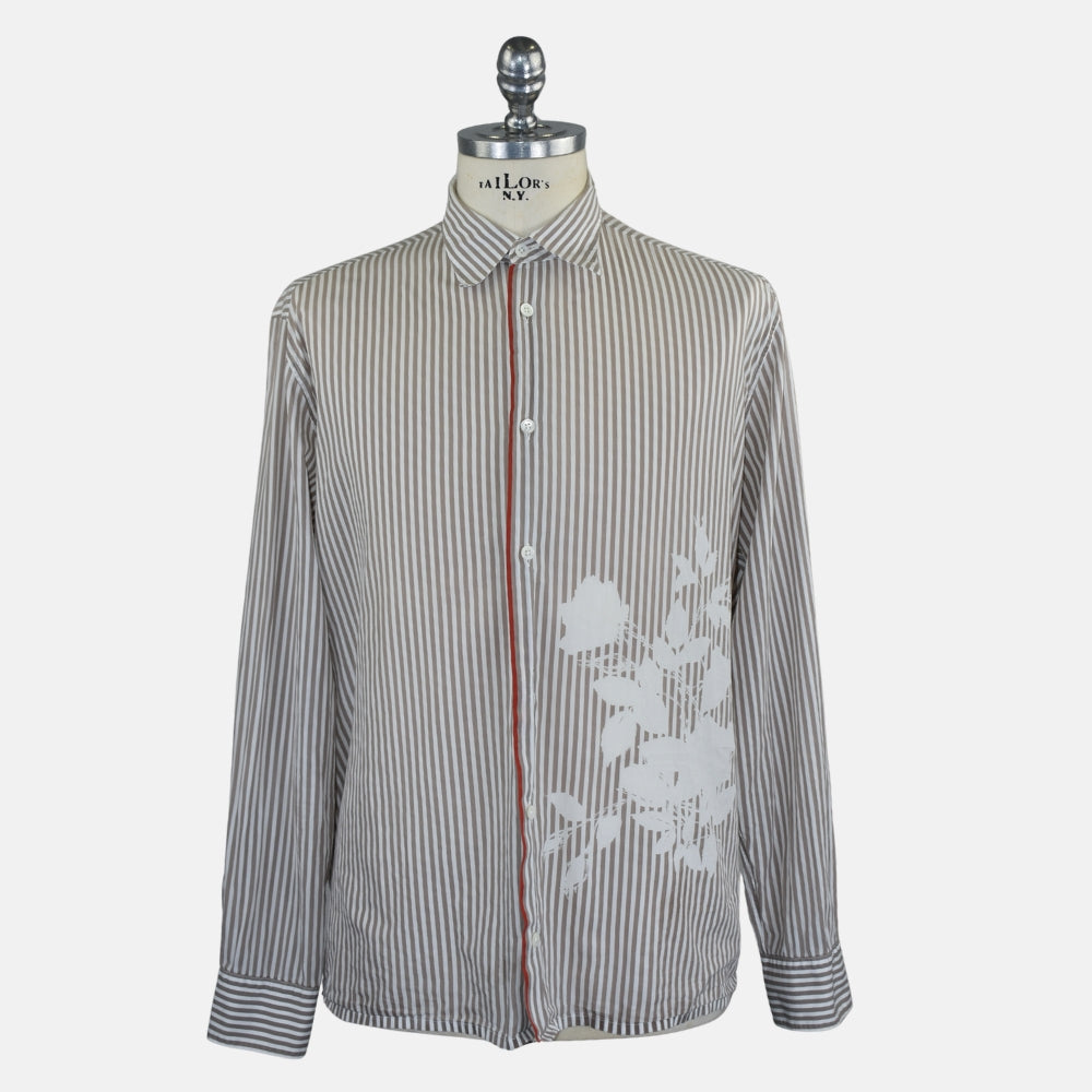 Taupe Stripe Cotton Shirt with Floral Print