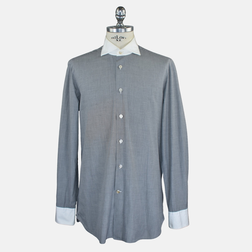 Grey Cotton Shirt with White Contrast Collar